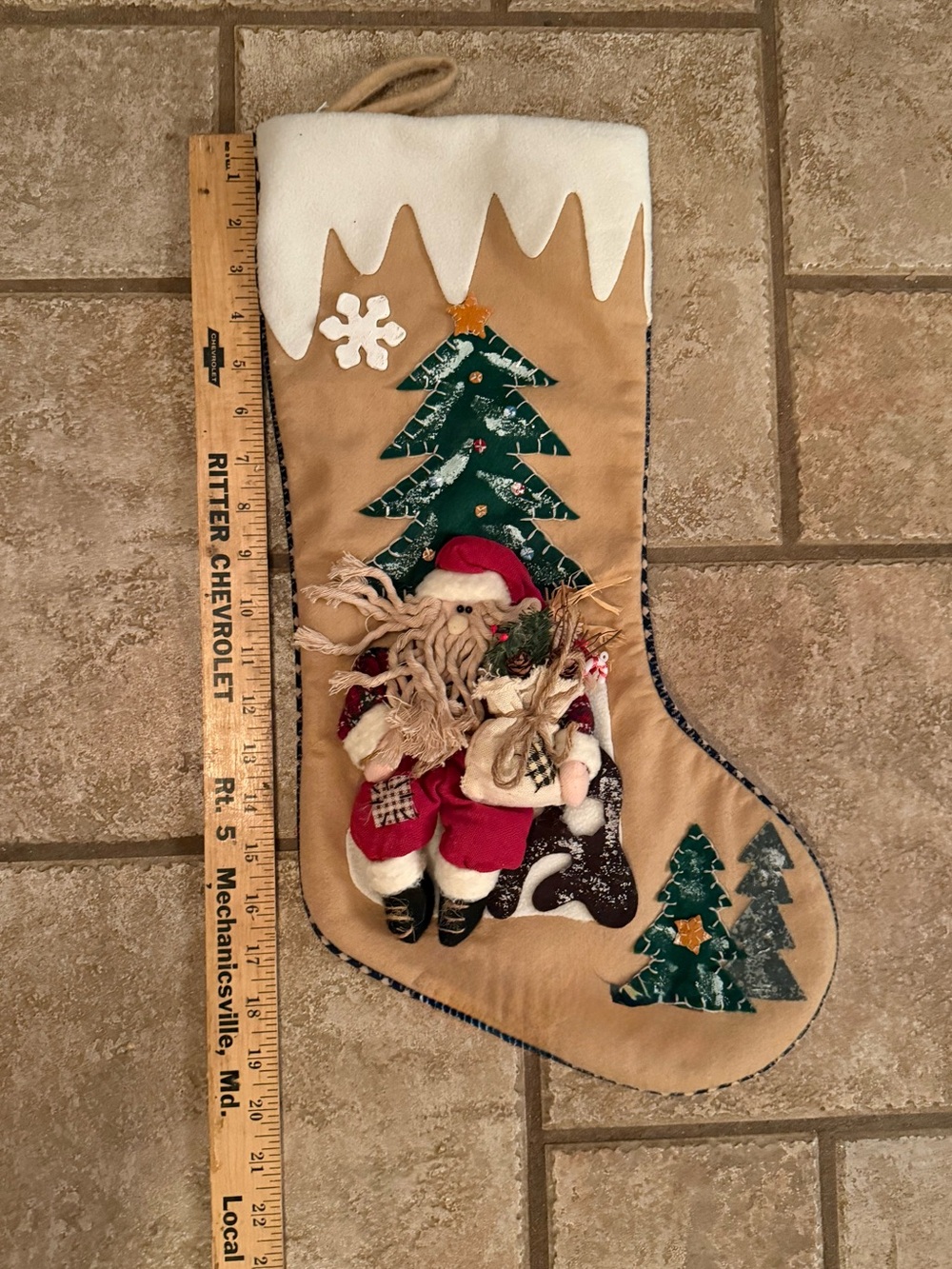 Vtg Large 20”Christmas Stocking Featuring SANTA CLAUS 3-D Rustic Winter Holidays